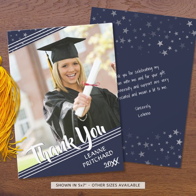 Graduate Thank You, Lines & Stars, Navy Blue Thank You Card (Creator Uploaded)