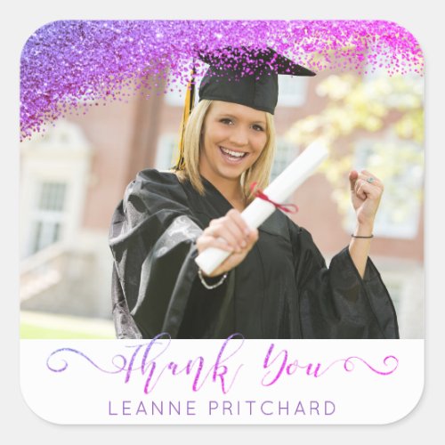 Graduate Thank You Purple Glitter Script Photo Square Sticker