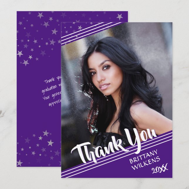 Graduate Thank You | Stars | Purple and White Invitation (Front/Back)