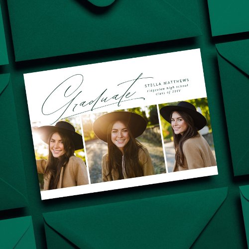 Graduate three photo simple green graduation invitation