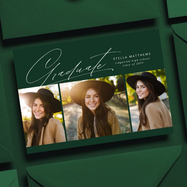 Graduate three photo simple modern dark green grad invitation (Creator Uploaded)
