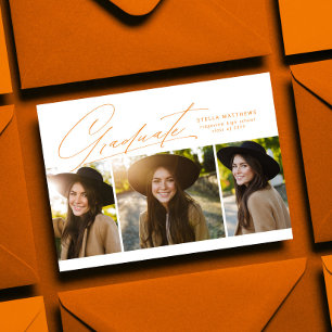 Graduate three photo simple orange graduation invitation