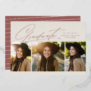 Graduate three photo simple rose gold graduation foil invitation