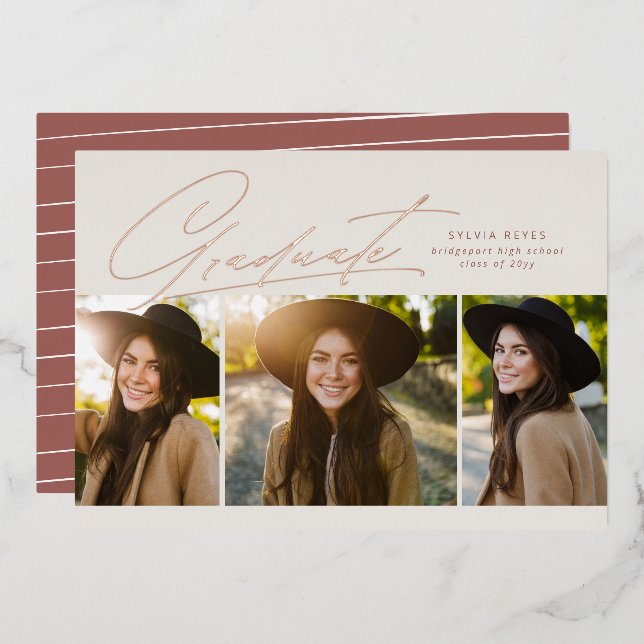 Graduate three photo simple rose gold graduation foil invitation (Front/Back)