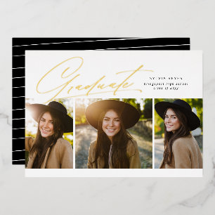 Graduate three photo stylish simple graduation foil invitation