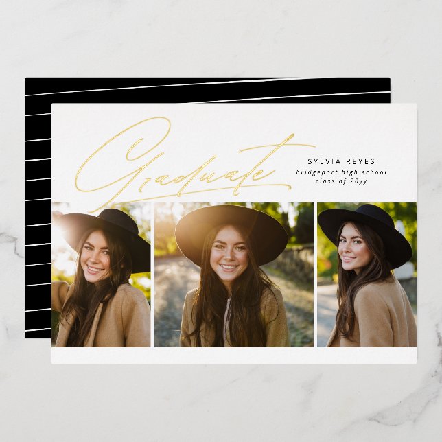 Graduate three photo stylish simple graduation foil invitation (Front/Back)