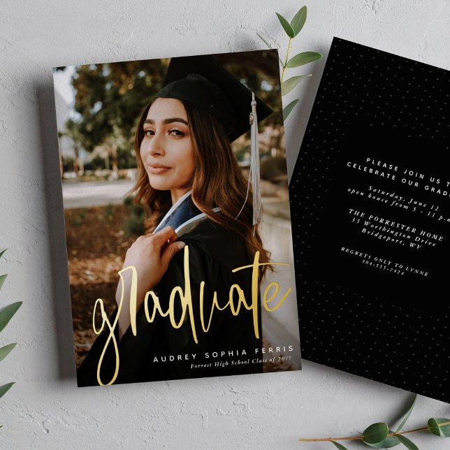 Graduate trendy modern stylish photo graduation foil invitation (Creator Uploaded)