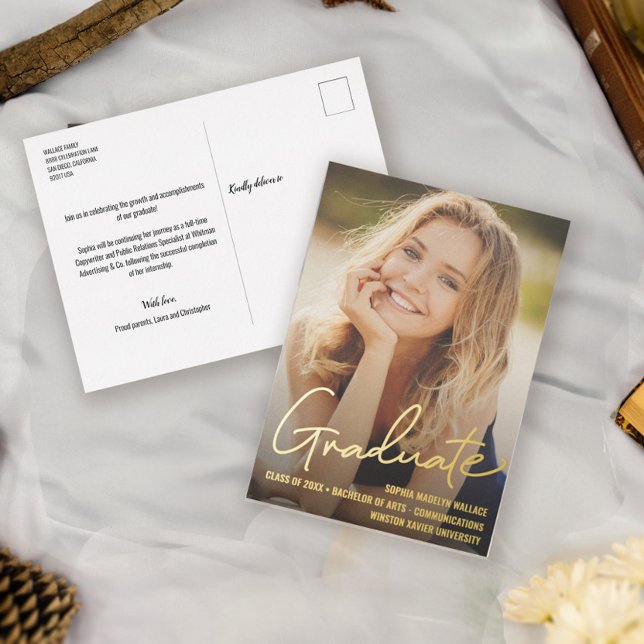 Graduate Trendy Script Overlay Custom Photo Foil Holiday Postcard (Elegant gold foil Graduation photo announcement postcard.)