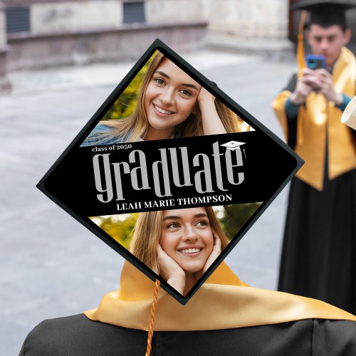 Graduate Typography Black and White Photo Collage Graduation Cap Topper