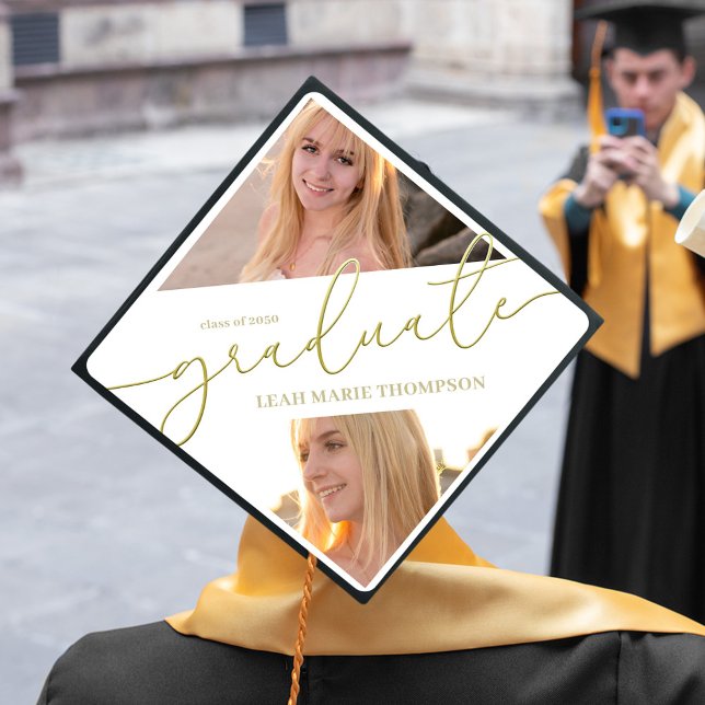 Graduate Typography Gold Photo Collage Trendy Graduation Cap Topper (Graduation cap topper with gold calligraphy script and photo template. )