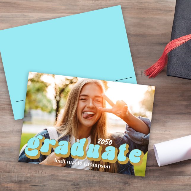 Graduate Typography Photo Simple Blue Fun Retro Invitation (Graduation photo announcement with retro-style lettering. )