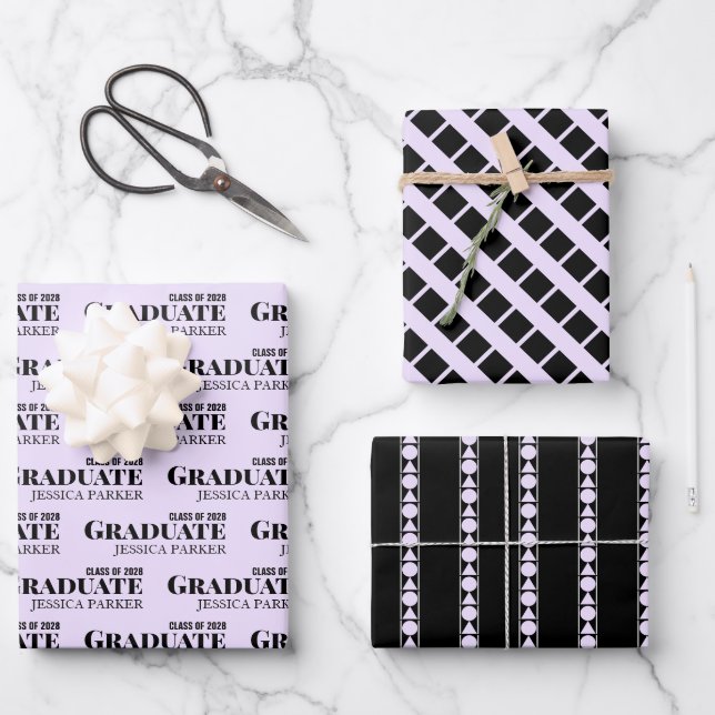Graduate Typography Script Geometric Wrapping Paper Sheets (Front)