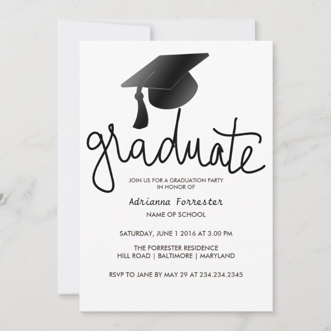 Graduate Typography Simple Black Graduation Hat Invitation (Front)