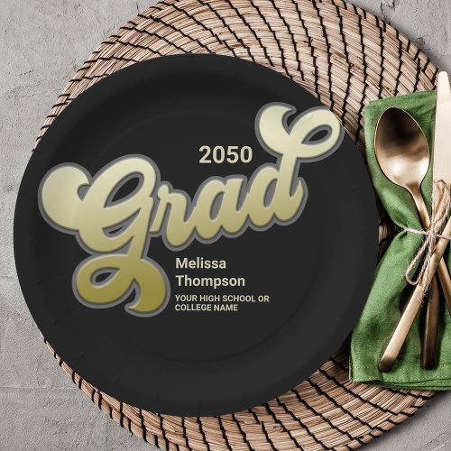 Graduate Typography Simple Script Black and Gold  Paper Plates