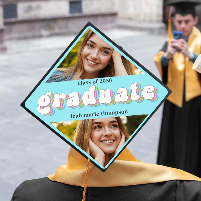 Graduate Typography Trendy Modern Retro Photo Graduation Cap Topper (Graduation cap topper with retro style lettering.)
