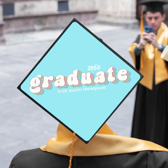 Graduate Typography Trendy Simple Modern Retro Graduation Cap Topper (Graduation cap topper with light blue background and retro lettering.)