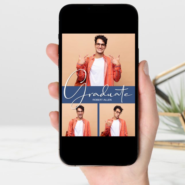 Graduate Vertical 3 Photo Blue Graduation Announcement (Front Digital)