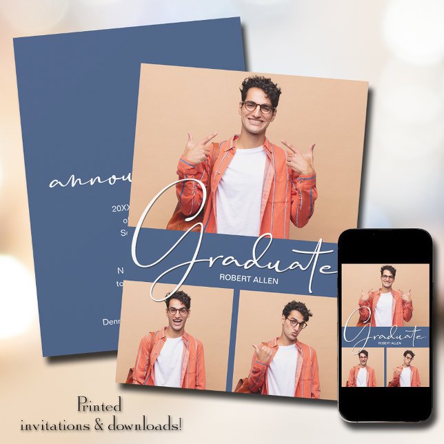 Graduate Vertical 3 Photo Blue Graduation Announcement (Creator Uploaded)