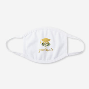 Graduate Watercolor Green Floral Gold White Cotton Face Mask
