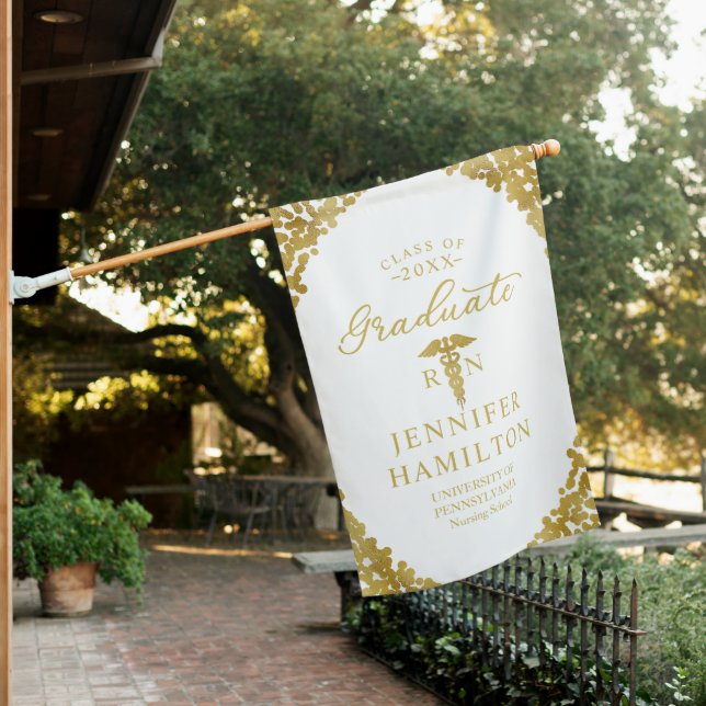 Graduate White Gold Medical School Graduation House Flag (In SItu)