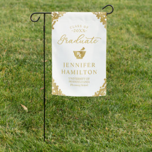 Graduate White Gold Pharmacy School Graduation Garden Flag