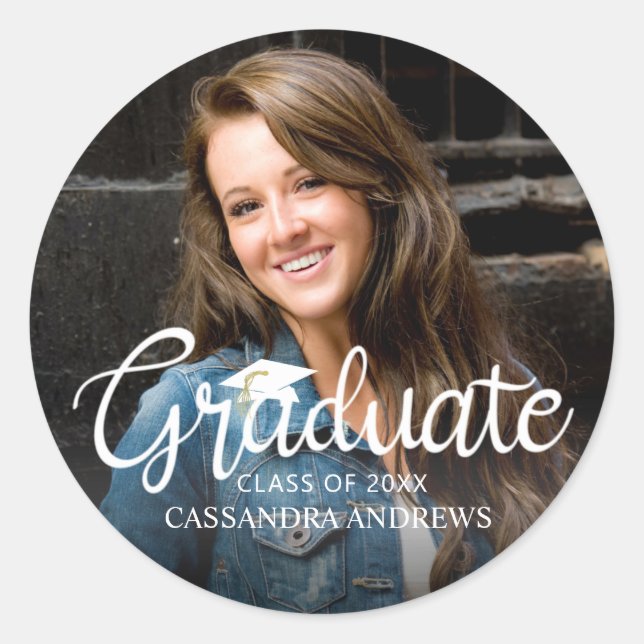 Graduate White Handwritten Script Photo Classic Round Sticker (Front)