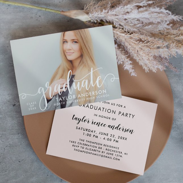Graduate White Script Photo Graduation Party Invitation (Creator Uploaded)