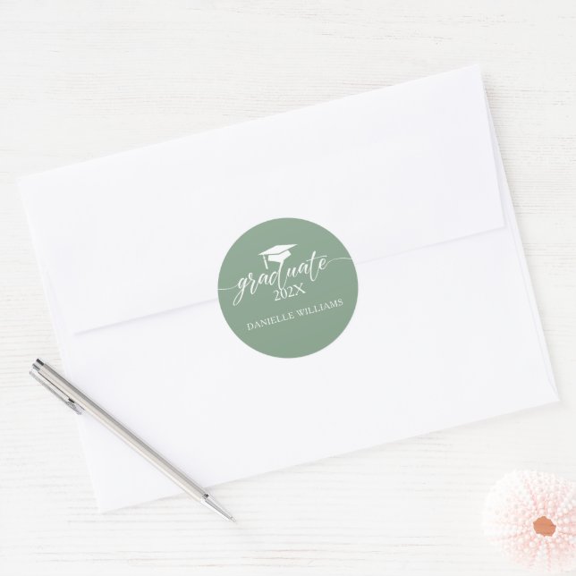 Graduate White Typography On Sage Green Background Classic Round Sticker (Envelope)