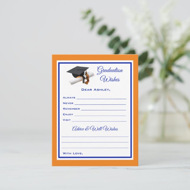 Graduate Wishes & Advice | Blue and Orange Note Card (Standing Front)