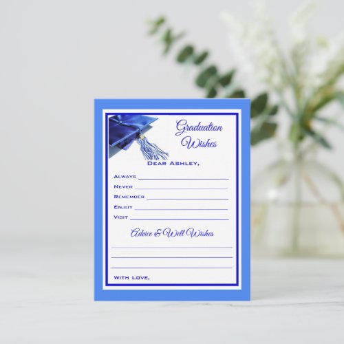 Graduate Wishes  Advice  Blue and White Note Card