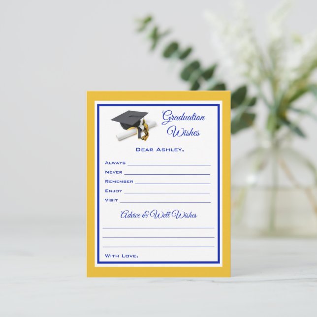 Graduate Wishes & Advice | Blue and Yellow Note Card (Standing Front)