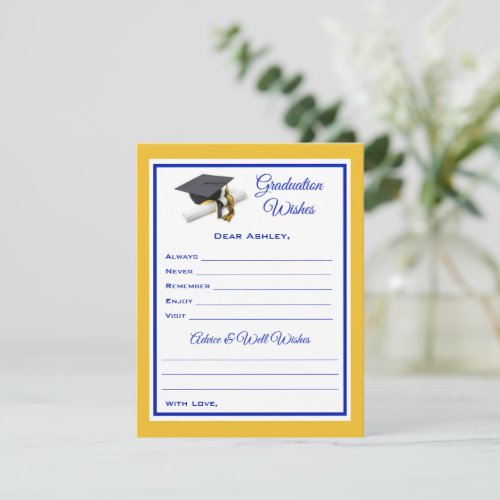 Graduate Wishes  Advice  Blue and Yellow Note Card