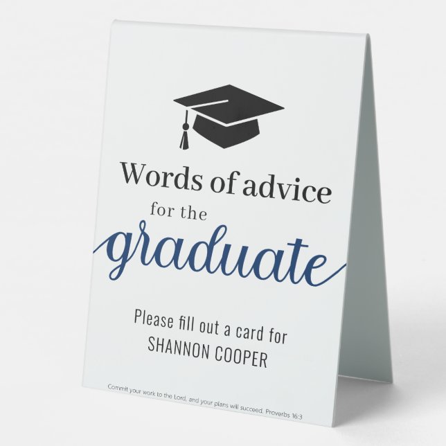 Graduate Words of Advice Black Blue Table Tent (Back)