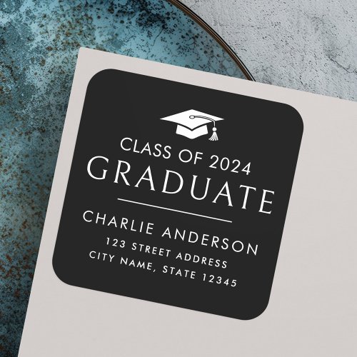 Graduate year graduation cap black return address square sticker