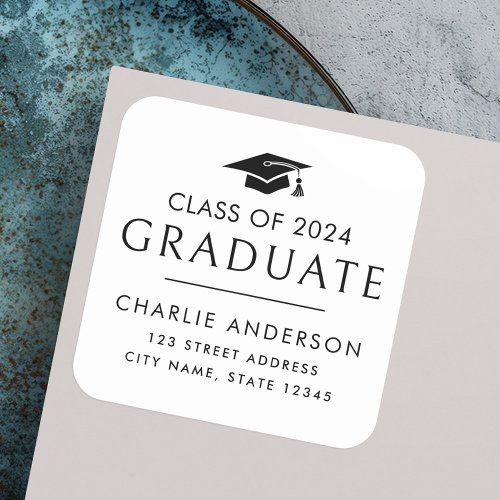 Graduate year graduation cap white return address square sticker