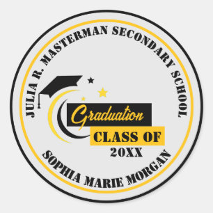 Graduate Yellow Black White Graduation Classic  Round Sticker