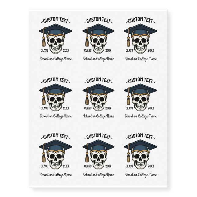 Graduated Skull Custom Name Year School Temporary Tattoos (Front)