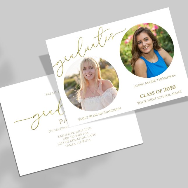 Graduates 2 Photo Simple Stylish Gold Double Invitation (Graduation double party invitation with gold calligraphy script.)