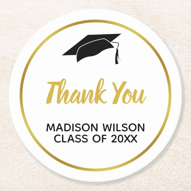 Graduate's Cap Thank You with Graduate Name Round Paper Coaster | Zazzle