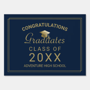 Graduates Congratulations Gold Script on Blue Sign