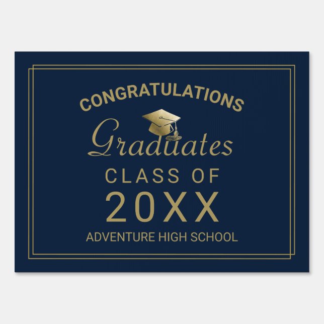 Graduates Congratulations Gold Script on Blue Sign (Front)