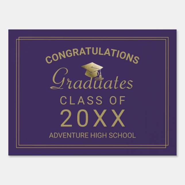 Graduates Congratulations Gold Script on Purple Sign (Front)
