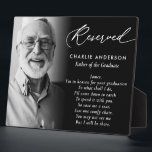 Graduate's Father In Heaven For Graduation Photo Plaque<br><div class="desc">This touching memorial plaque is a heartfelt way to include a parent, grandparent, sibling, or other loved one who has passed away in a graduation ceremony. The plaque, designed to be placed on an empty chair, features a black and white photo alongside the personalized text "Reserved, " with the graduate's...</div>