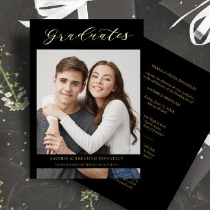 Graduates Golden Black Whimsical Calligraphy Photo Foil Invitation