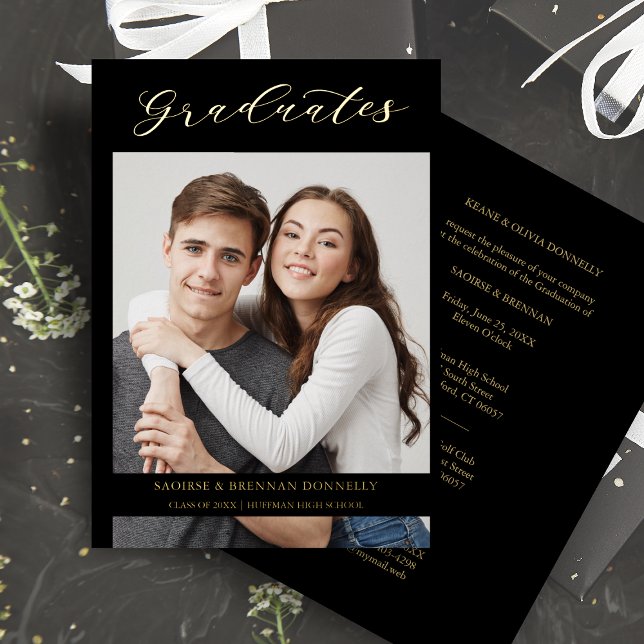Graduates Golden Black Whimsical Calligraphy Photo Foil Invitation (Creator Uploaded)