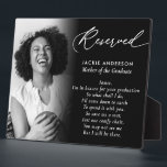 Graduate's Mother In Heaven For Graduation Photo Plaque<br><div class="desc">This touching memorial plaque is a heartfelt way to include a parent, grandparent, sibling, or other loved one who has passed away in a graduation ceremony. The plaque, designed to be placed on an empty chair, features a black and white photo alongside the personalized text "Reserved, " with the graduate's...</div>