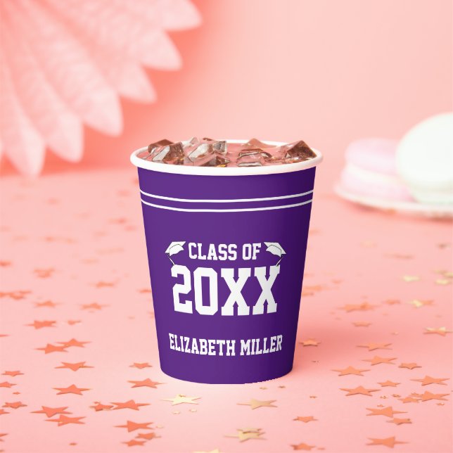 Graduate's Name Royal Purple and White Graduation Paper Cups (Insitu)