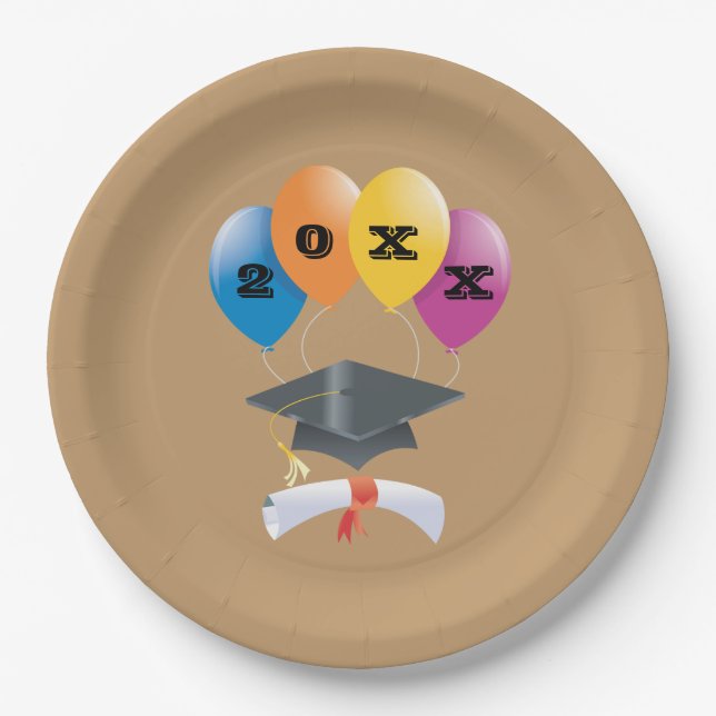 Graduates Party Cap Diploma Balloons Paper Plates (Front)