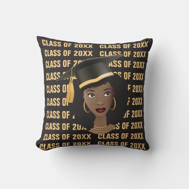 Graduating Class of 20XX, Black Woman, Gold Black Throw Pillow (Front)