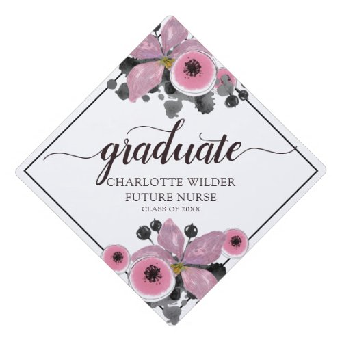 Graduating Nurse Pink Watercolor Floral  Graduation Cap Topper